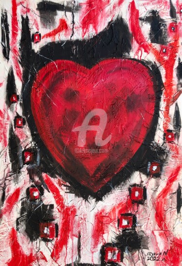 Painting titled "Red heart of lovers…" by Nataliia Krykun, Original Artwork, Acrylic Mounted on Wood Stretcher frame