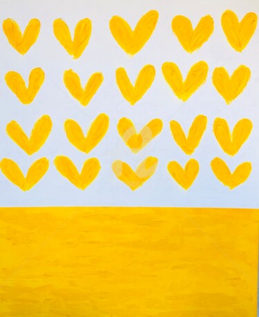 Painting titled "„Yellow hearts are…" by Nataliia Krykun, Original Artwork, Acrylic Mounted on Wood Stretcher frame