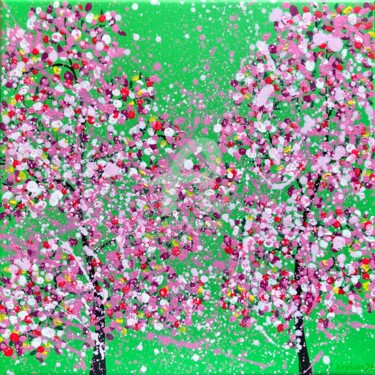 Painting titled "“Cherry blossom gre…" by Nataliia Krykun, Original Artwork, Acrylic Mounted on Wood Stretcher frame