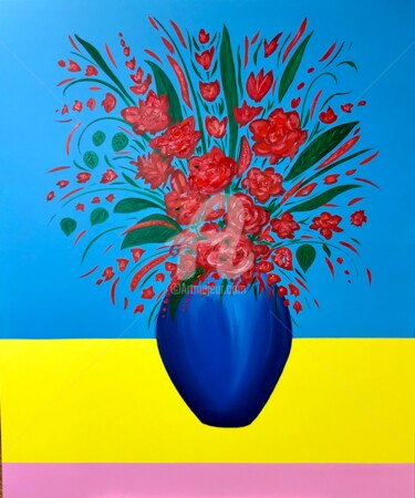 Painting titled "A bouquet of red fl…" by Nataliia Krykun, Original Artwork, Acrylic Mounted on Wood Stretcher frame