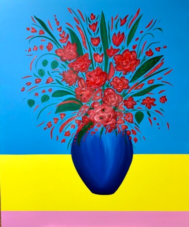 A bouquet of red flowers in a vase, plants, botanical Painting titled "A bouquet of red fl…" by Nataliia Krykun, Original Artwork, Acrylic Mounted on Wood Stretcher frame