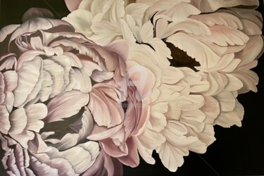 Painting titled "Peonies “Evening sh…" by Nataliia Krykun, Original Artwork, Oil Mounted on Wood Stretcher frame