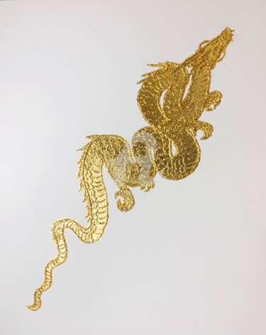 Painting titled "Golden dragon on wh…" by Nataliia Krykun, Original Artwork, Acrylic Mounted on Wood Stretcher frame
