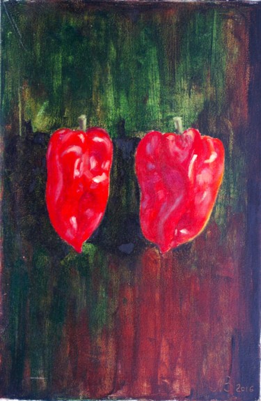 Painting titled "Two Red Peppers" by Nataliya Bagatskaya, Original Artwork, Oil