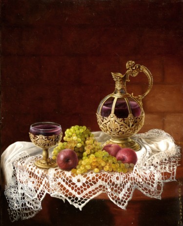 Painting titled "Still life with Wine" by Nataliya Bagatskaya, Original Artwork, Oil