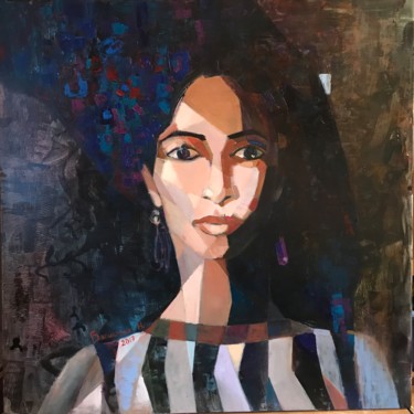 Картина под названием "Lady in a striped d…" - Begisheva, Подлинное произведение искусства, Масло