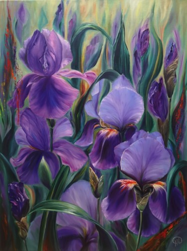 Painting titled "Time of irises" by Natalie Demina, Original Artwork, Oil Mounted on Wood Stretcher frame