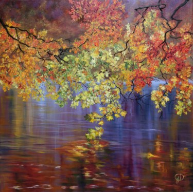 Painting titled "Reflection of autumn" by Natalie Demina, Original Artwork, Oil Mounted on Wood Stretcher frame