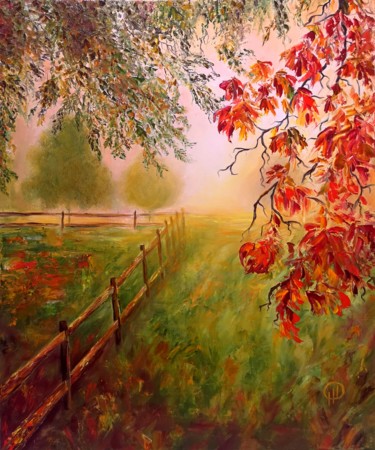 Painting titled "Bright autumn" by Natalie Demina, Original Artwork, Oil Mounted on Wood Stretcher frame