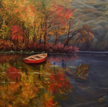 Painting titled "Berth in autumn" by Natalie Demina, Original Artwork, Oil Mounted on Wood Stretcher frame