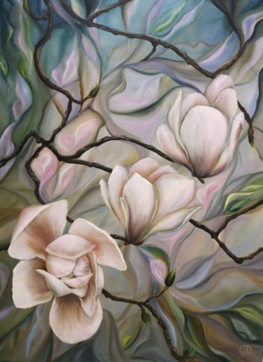 Painting titled "Harmony Magnolia" by Natalie Demina, Original Artwork, Oil Mounted on Wood Stretcher frame