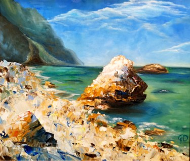 Painting titled "AZURE SEA" by Natalie Demina, Original Artwork, Oil Mounted on Cardboard