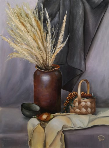 Painting titled "Still life with sea…" by Natalie Demina, Original Artwork, Oil Mounted on Cardboard