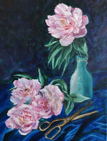 Painting titled "Peonies on satin" by Natalie Demina, Original Artwork, Oil