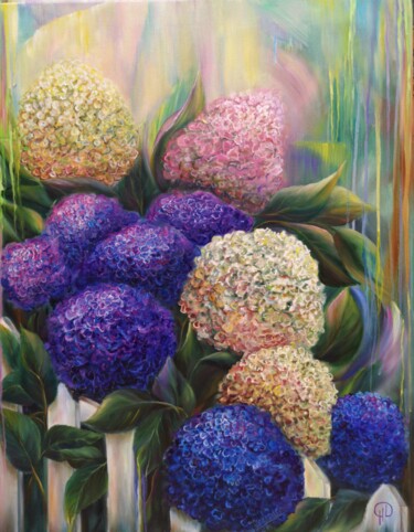 Painting titled "Summer in hydrangeas" by Natalie Demina, Original Artwork, Oil Mounted on Wood Stretcher frame