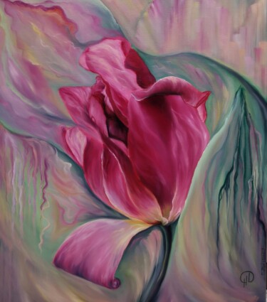 Malarstwo zatytułowany „Rainbow Tulip” autorstwa Natalie Demina, Oryginalna praca, Olej Zamontowany na Drewniana rama noszy