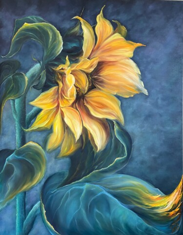 Painting titled "Solar flower" by Natalie Demina, Original Artwork, Oil Mounted on Wood Stretcher frame