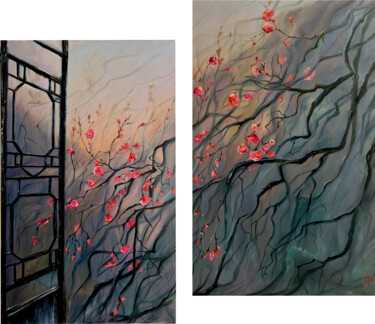 Painting titled ""Beginning", diptych" by Natalie Demina, Original Artwork, Oil Mounted on Wood Stretcher frame