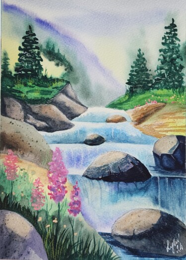 Картина под названием "Waterfall" - Nataliya Gulina, Подлинное произведение искусства, Акварель