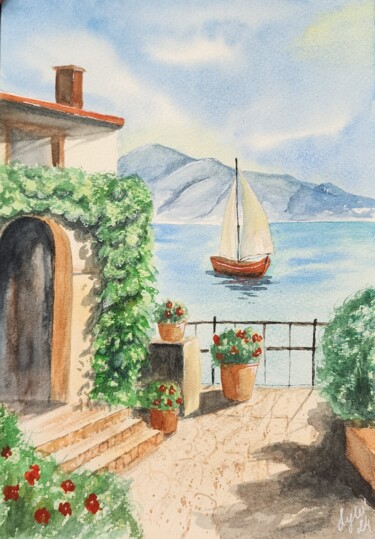 Malerei mit dem Titel "Italian town" von Nataliya Gulina, Original-Kunstwerk, Aquarell