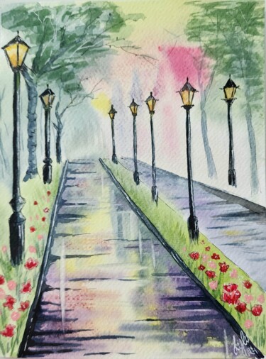 Pintura intitulada "Evening alley after…" por Nataliya Gulina, Obras de arte originais, Aquarela