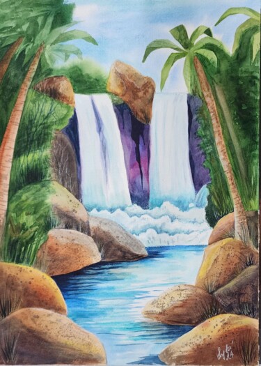 Schilderij getiteld "Waterfall in the tr…" door Nataliya Gulina, Origineel Kunstwerk, Aquarel