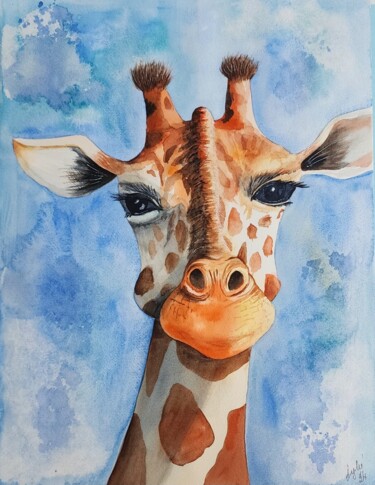 Pintura intitulada "Funny giraffe" por Nataliya Gulina, Obras de arte originais, Aquarela