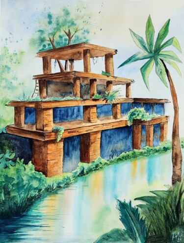 Peinture intitulée "Sunken temple" par Nataliya Gulina, Œuvre d'art originale, Aquarelle