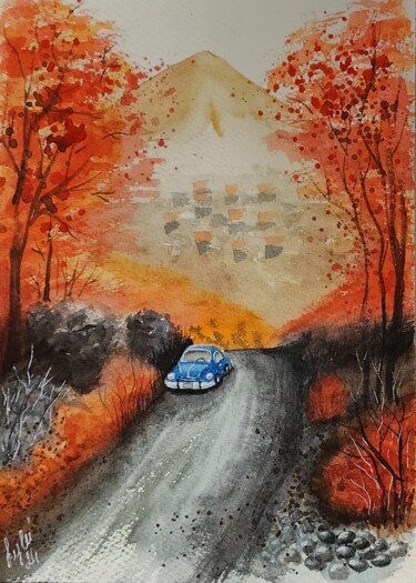 Peinture intitulée "Autumn road" par Nataliya Gulina, Œuvre d'art originale, Aquarelle