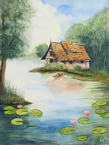 Pittura intitolato "Water lilies" da Nataliya Gulina, Opera d'arte originale, Acquarello