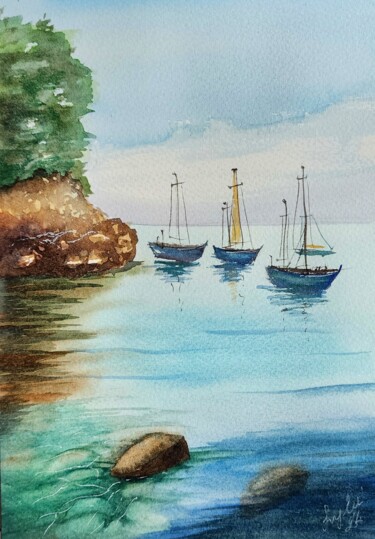 Malerei mit dem Titel "Bay" von Nataliya Gulina, Original-Kunstwerk, Aquarell