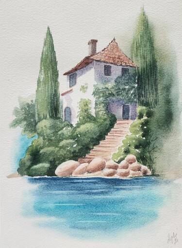 Schilderij getiteld "Beautiful house" door Nataliya Gulina, Origineel Kunstwerk, Aquarel