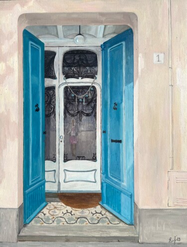 Painting titled "Door 6" by Nataliya Lemesheva, Original Artwork, Oil Mounted on Wood Stretcher frame