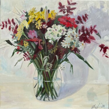 Картина под названием "Flowers on white 1" - Nataliya Lemesheva, Подлинное произведение искусства, Масло