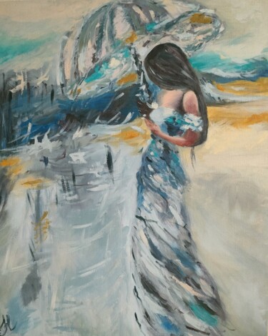 Peinture intitulée "Девушка с зонтиком" par Nataliya Soldatova, Œuvre d'art originale, Huile Monté sur Carton