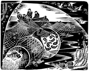 Gravures & estampes intitulée "Nous et la mer-3" par Natalja Cernecka, Œuvre d'art originale, Xylographie
