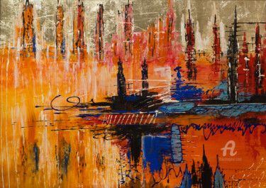 Pintura intitulada "metropolis in the d…" por Natalja Surikova, Obras de arte originais, Acrílico Montado em Outro painel rí…