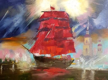 Painting titled "scarlet sails new" by Natalja Surikova, Original Artwork, Oil Mounted on Wood Stretcher frame