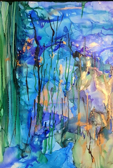 Painting titled "Blue-blue" by Natalja Surikova, Original Artwork, Ink Mounted on Glass