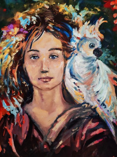 Painting titled "Girl portrait with…" by Natalja Dibanina, Original Artwork, Oil Mounted on Wood Stretcher frame