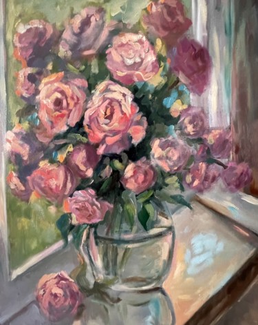Painting titled "Roses" by Natalja Dibanina, Original Artwork, Oil Mounted on Wood Stretcher frame