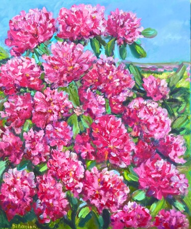 Painting titled "Rhododendron" by Natalja Dibanina, Original Artwork, Oil Mounted on Wood Stretcher frame