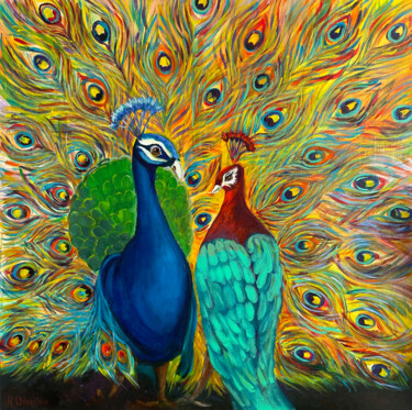 Painting titled "Peacock wedding" by Natalja Dibanina, Original Artwork, Acrylic Mounted on Wood Stretcher frame