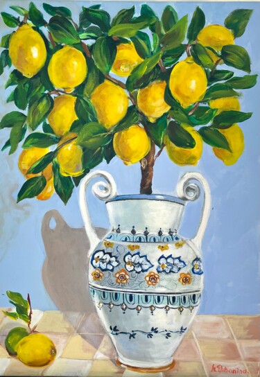 Painting titled "Potted Lemon Tree" by Natalja Dibanina, Original Artwork, Acrylic Mounted on Wood Stretcher frame