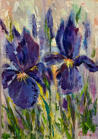 Painting titled "Irises Flowers" by Natalja Dibanina, Original Artwork, Acrylic Mounted on Wood Stretcher frame