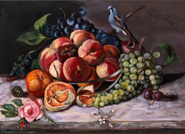 Ζωγραφική με τίτλο "Peaches Still Life" από Natalja Dibanina, Αυθεντικά έργα τέχνης, Ακρυλικό Τοποθετήθηκε στο Ξύλινο φορείο…