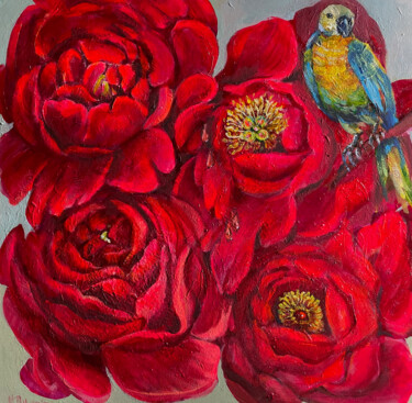 Painting titled "Flowers with Parrot" by Natalja Dibanina, Original Artwork, Acrylic Mounted on Wood Stretcher frame