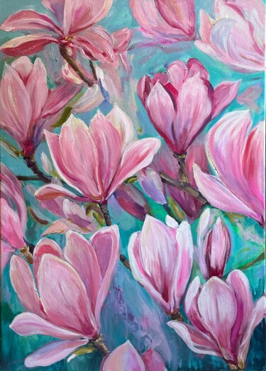 Malarstwo zatytułowany „Magnolia Bloom” autorstwa Natalja Dibanina, Oryginalna praca, Akryl Zamontowany na Drewniana rama no…