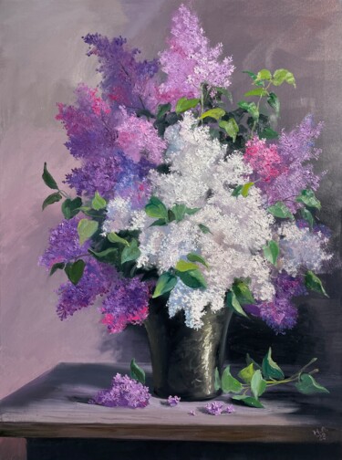 Картина под названием "Сирень в вазе" - Наталия Осадчук, Подлинное произведение искусства, Масло