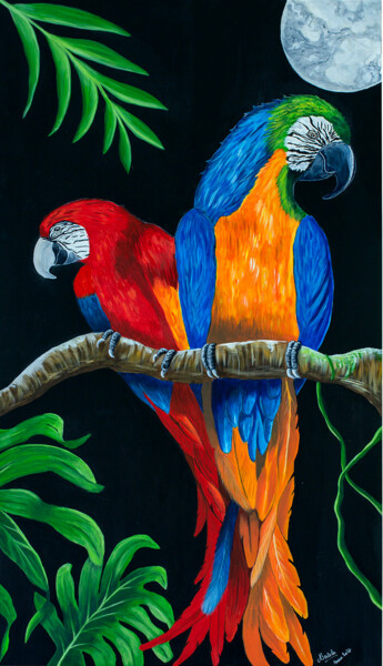 Peinture intitulée "Perroquets au clair…" par Nataly Art, Œuvre d'art originale, Acrylique